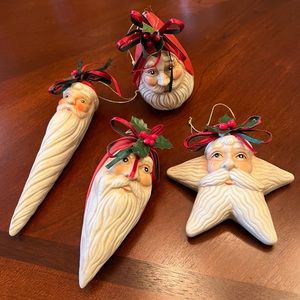 Vintage Christmas Ornaments Rosy Cheek Santas Ceramic Holly Berry Ribbon Holiday